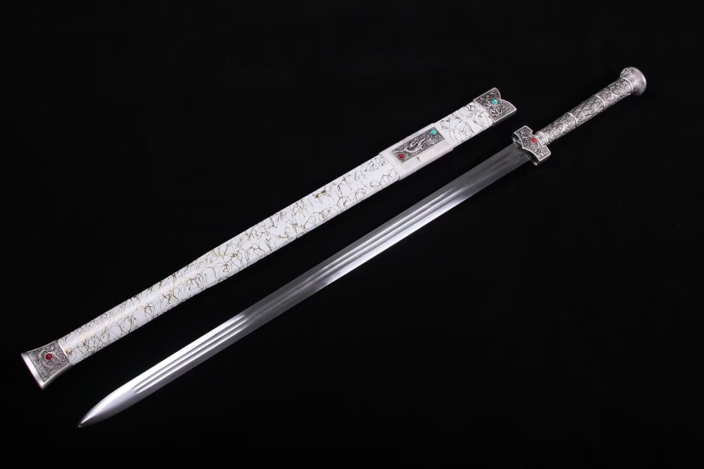 Han jian swords Forged high Carbon Steel Blade,Alloy Fittings,White Scabbard