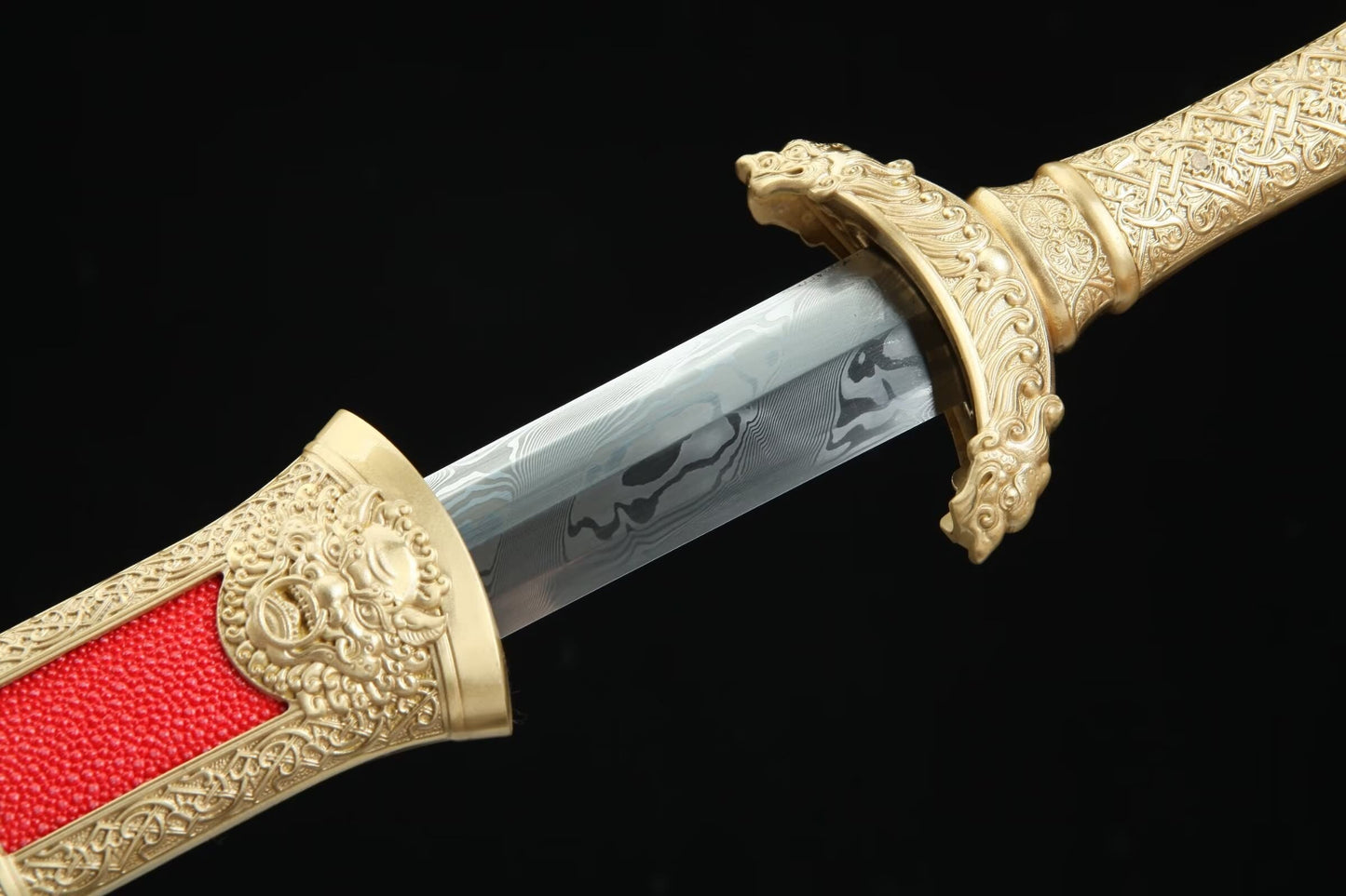 Song Jian Sword,Damascus Steel Blade,Brass Fittings,Red Stingray Leather Scabbard