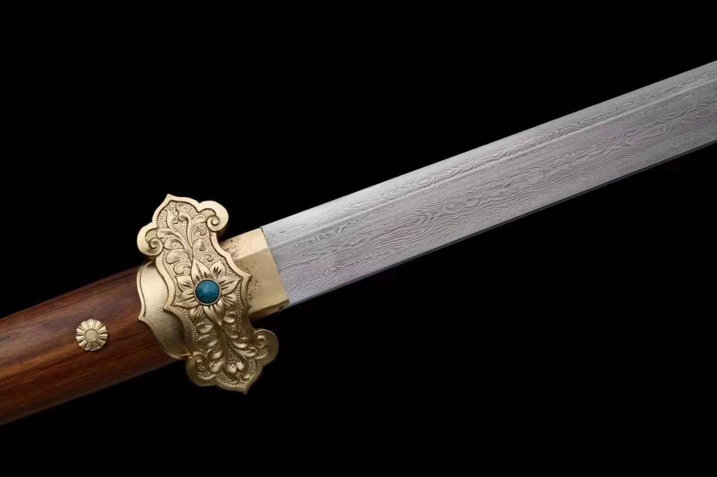 Tang dao jian,Damascus Steel Blade,Brass Fittings,Rosewood Scabbard