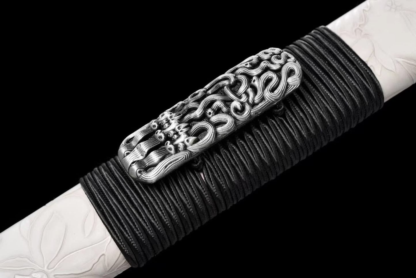 Han jian Sword Forged High Carbon Steel Etched Blade,Alloy Fittings,White Leather