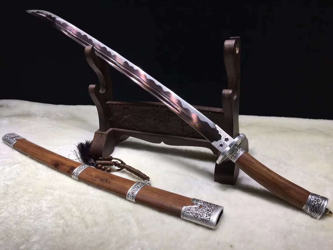 Qing dao,Handmade Damascus steel red blade,Rosewood scabbard