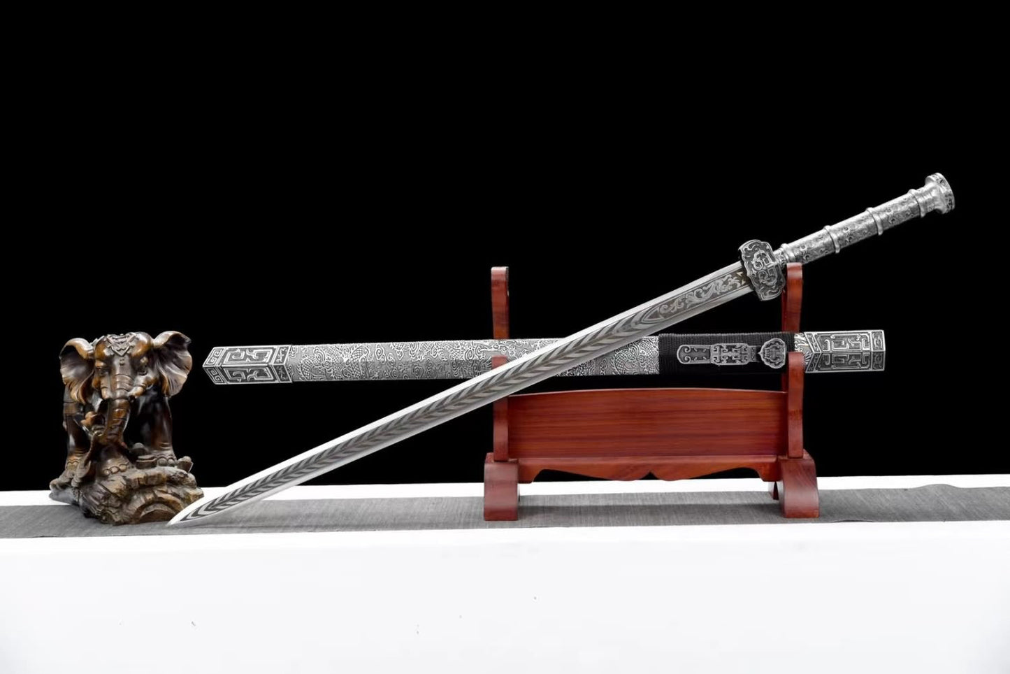 Ruyi jian Sword,Forged High Carbon Steel Etched Blade,Solid Wood Wrapped Faux Leather Scabbard,Alloy Fittings