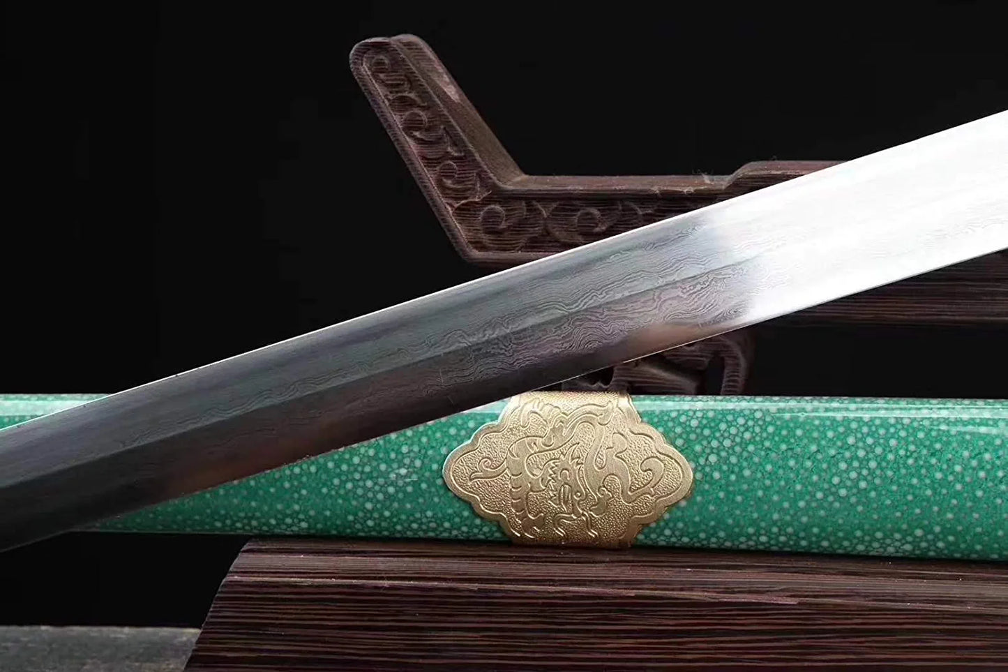 Tai Chi Jian,Superior,Damascus Steel Blade,Green Skin Scabbard,Brass Fittings