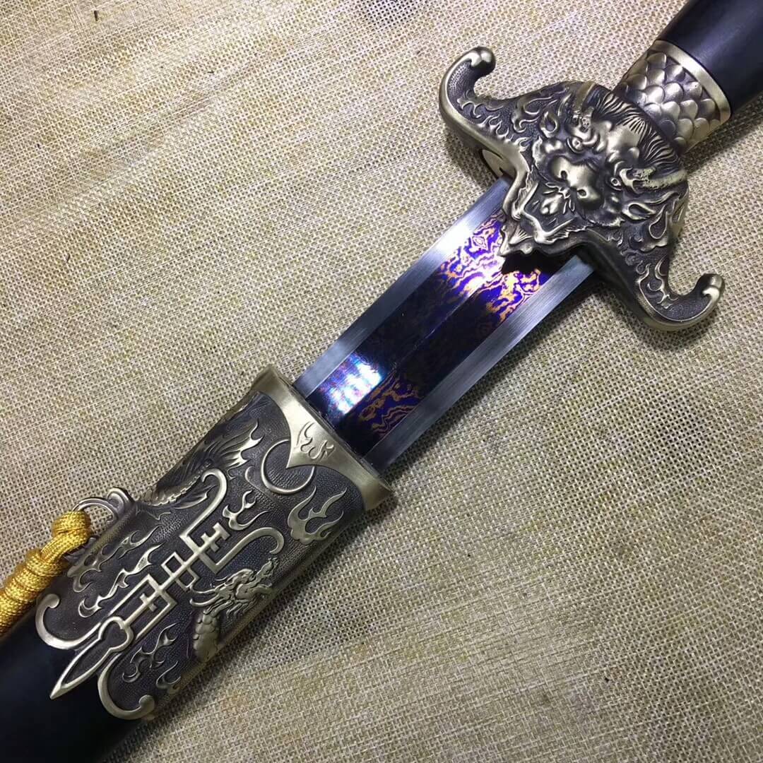 Dragon sword,Damascus steel red blade,Brass fittings,Black wood