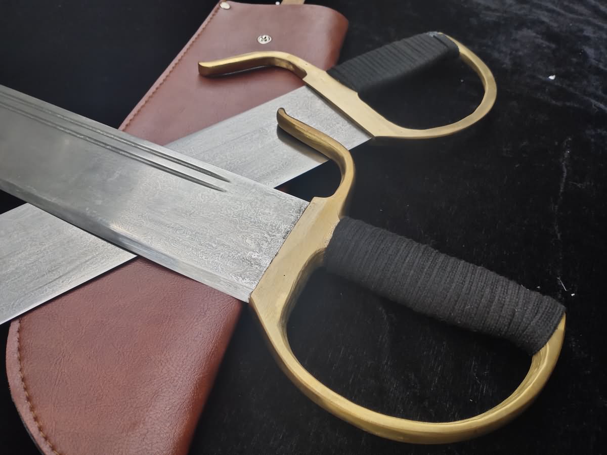 WING CHUN Bart Cham Dao/Damascus steel blade/Brown Leather Sheath