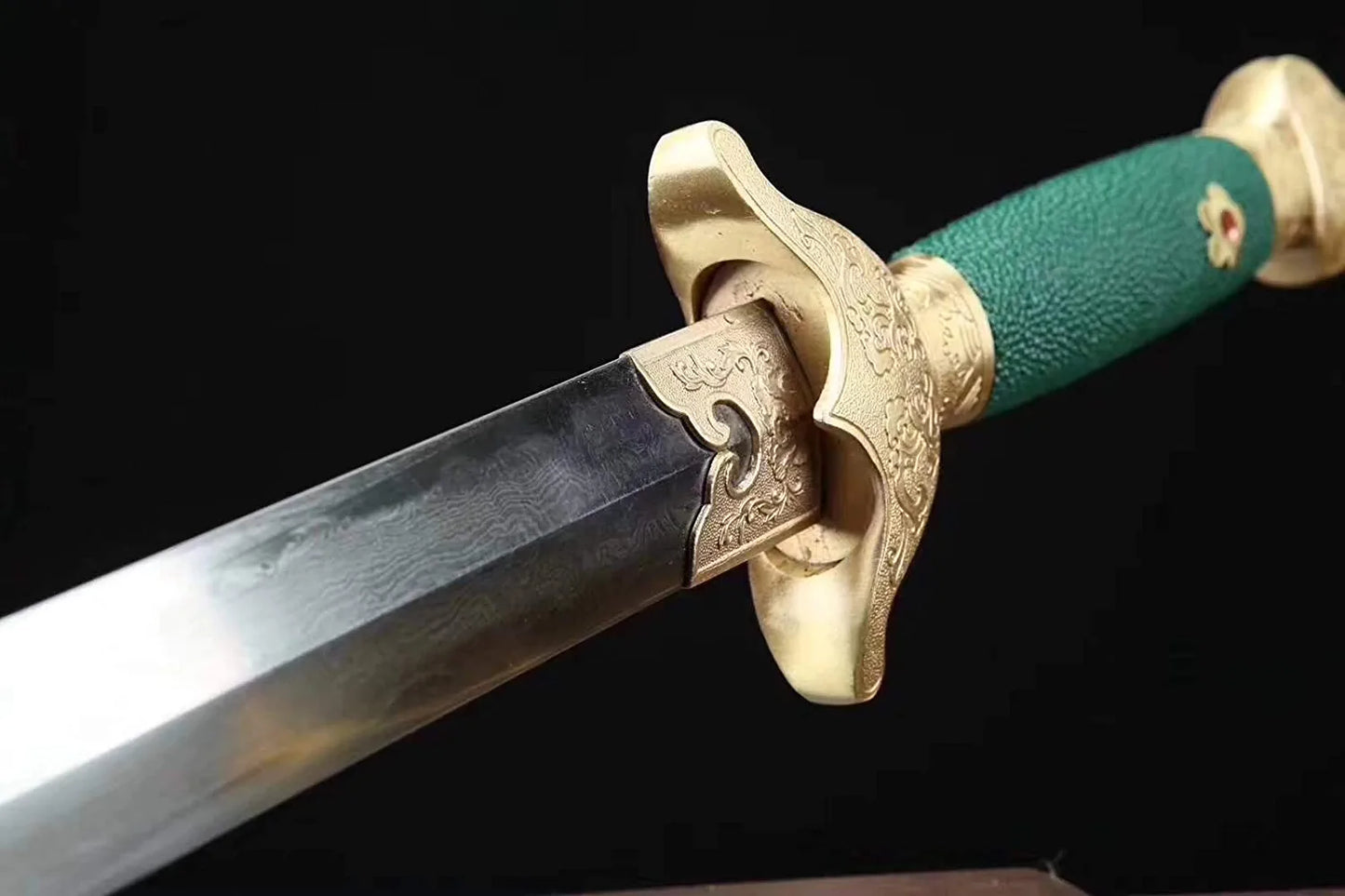 Tai Chi Jian,Superior,Damascus Steel Blade,Green Skin Scabbard,Brass Fittings