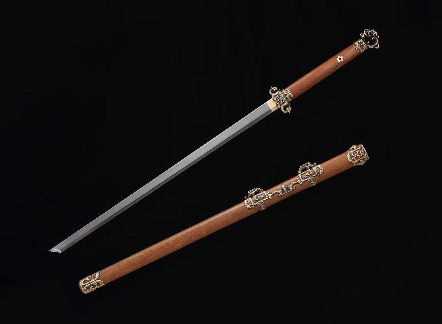 Tang dao Swords-Handcrafted Damascus Steel Blade with Brass Fittings Rosewood Scabbard