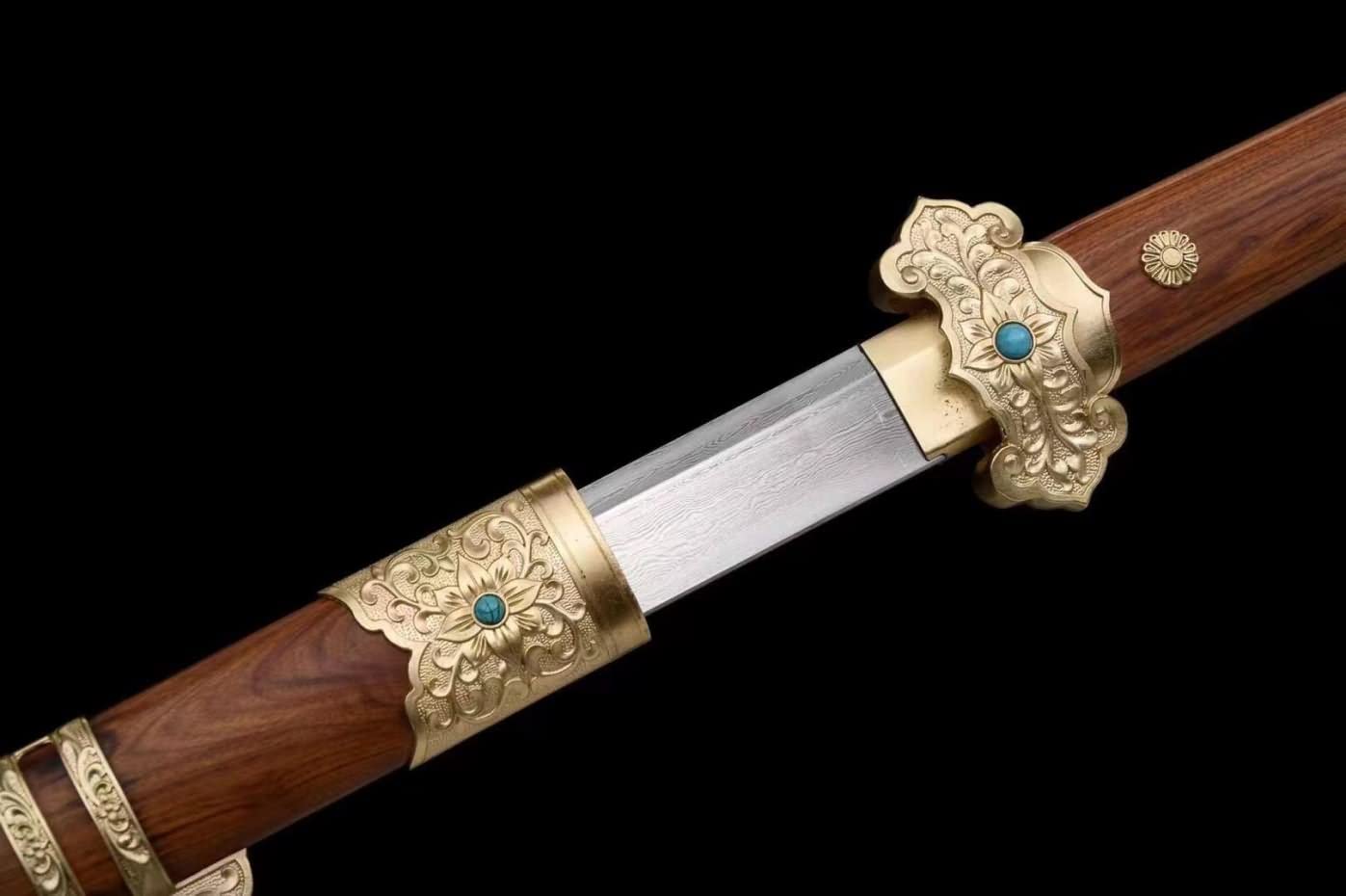 Tang dao jian,Damascus Steel Blade,Brass Fittings,Rosewood Scabbard