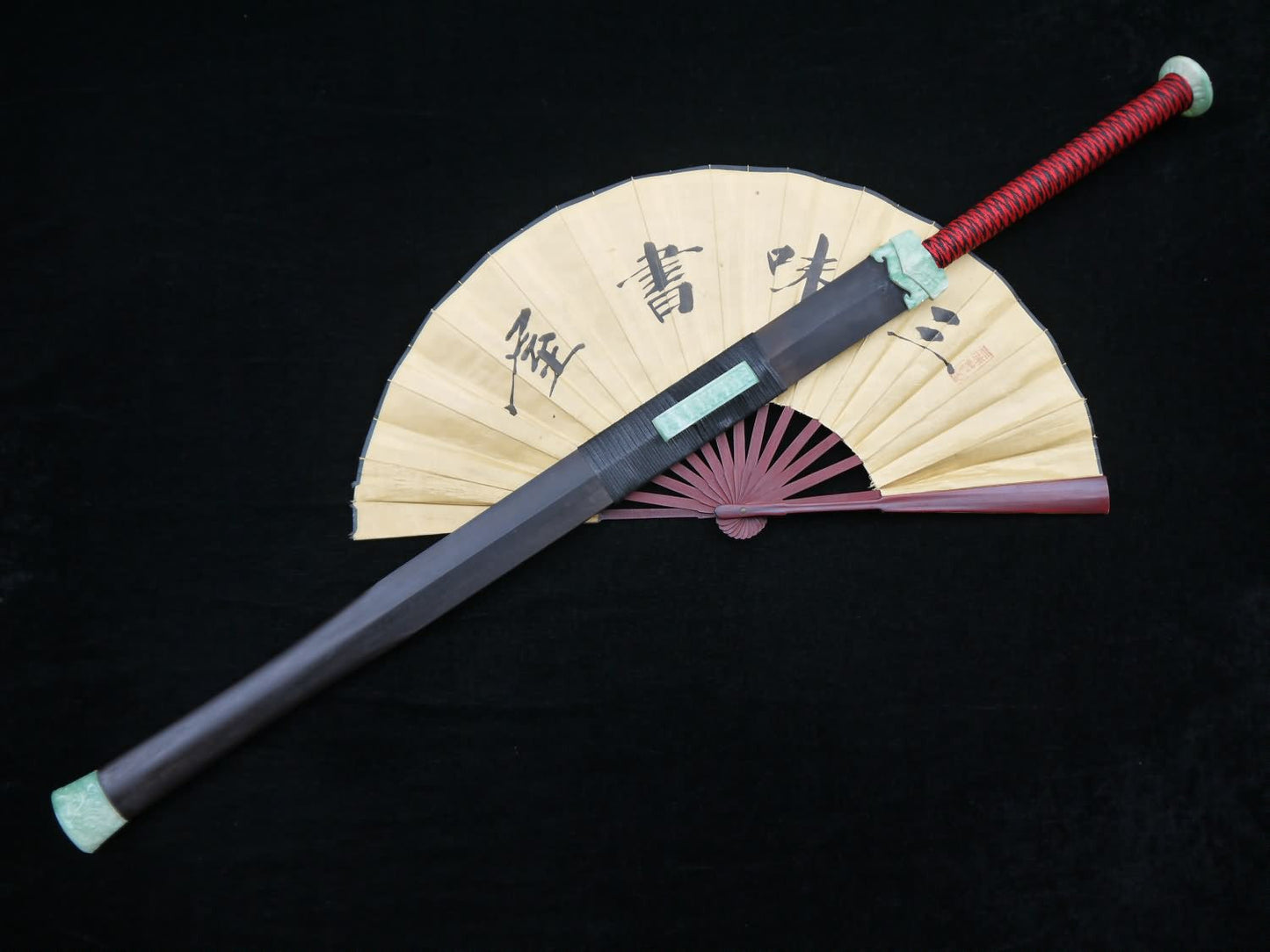 Chinese sword,Han jian,Folded steel blade,Black wood scabbard,Resin fitting