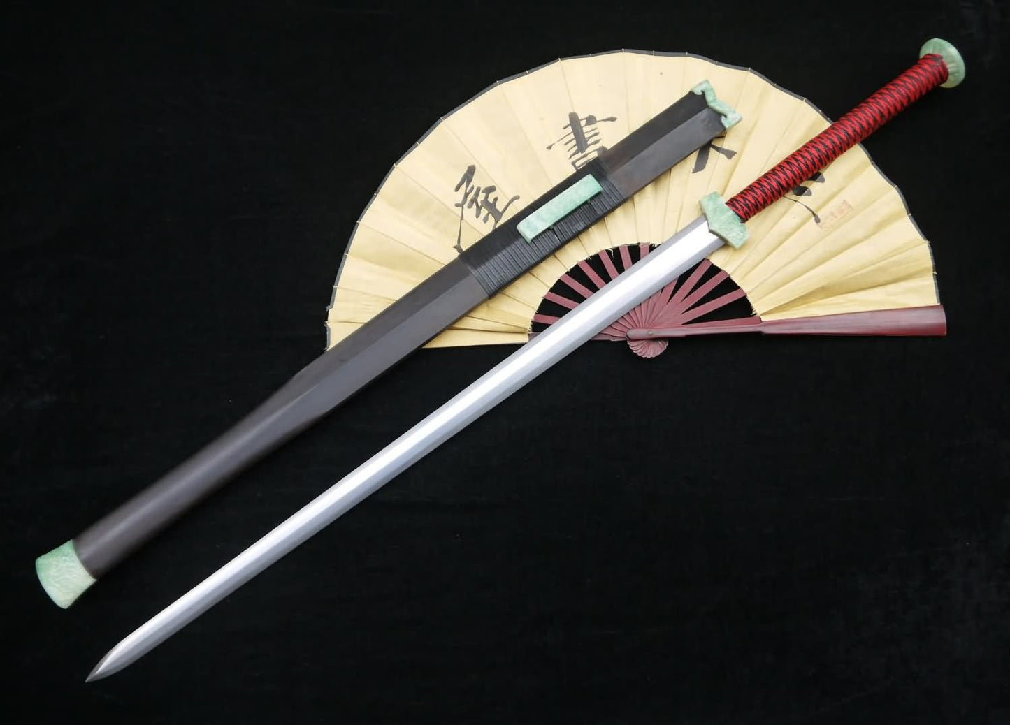 Chinese sword,Han jian,Folded steel blade,Black wood scabbard,Resin fitting