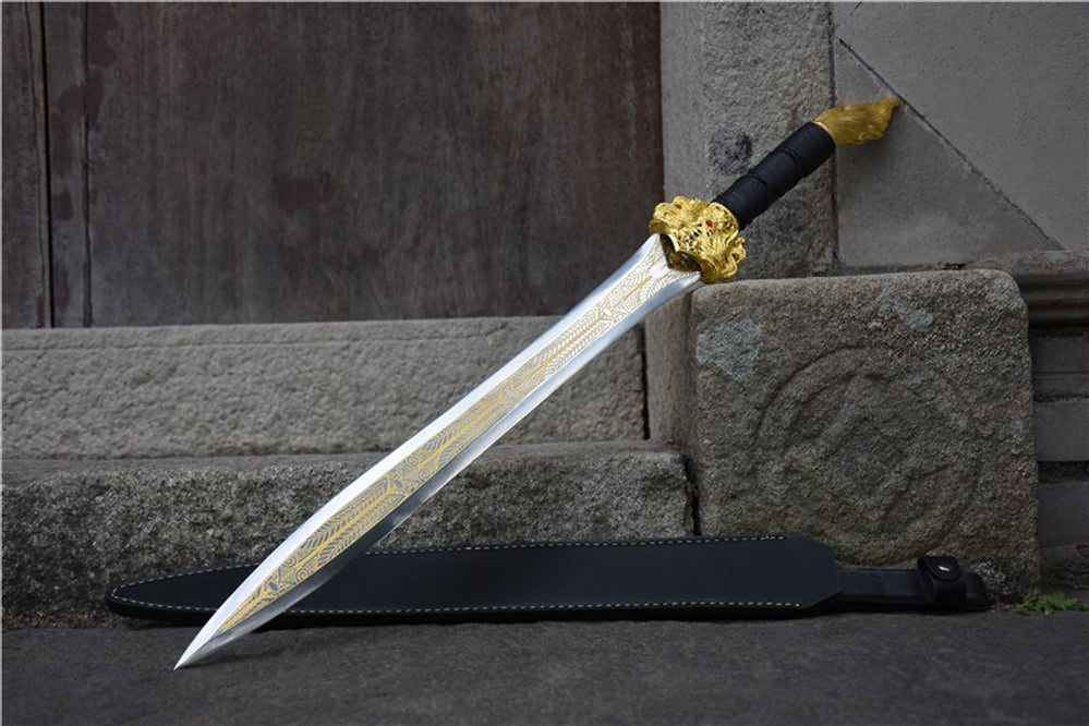 Integral sword,handmade(High carbon steel etch blade,Leather scabbard)Full tang