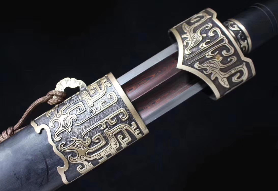 Yuewang sword,Damascus steel blade,Black wood scabbard,Brass