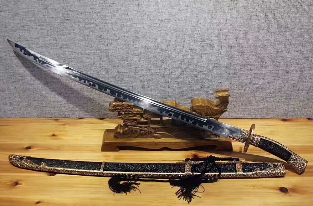 Broadsword(Pattern steel burn blade,Black skin scabbard,Brass fitting)Handmade art