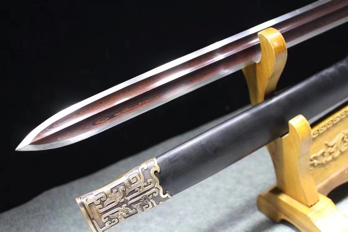 Yuewang sword,Damascus steel blade,Black wood scabbard,Brass