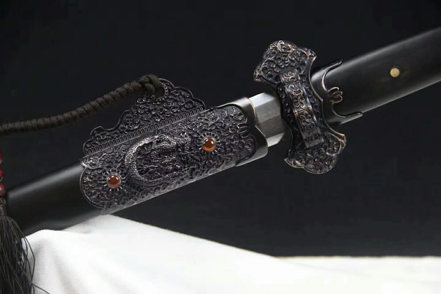 Agate Tang jian,Damascus steel blade,Alloy fittings,Black scabbard