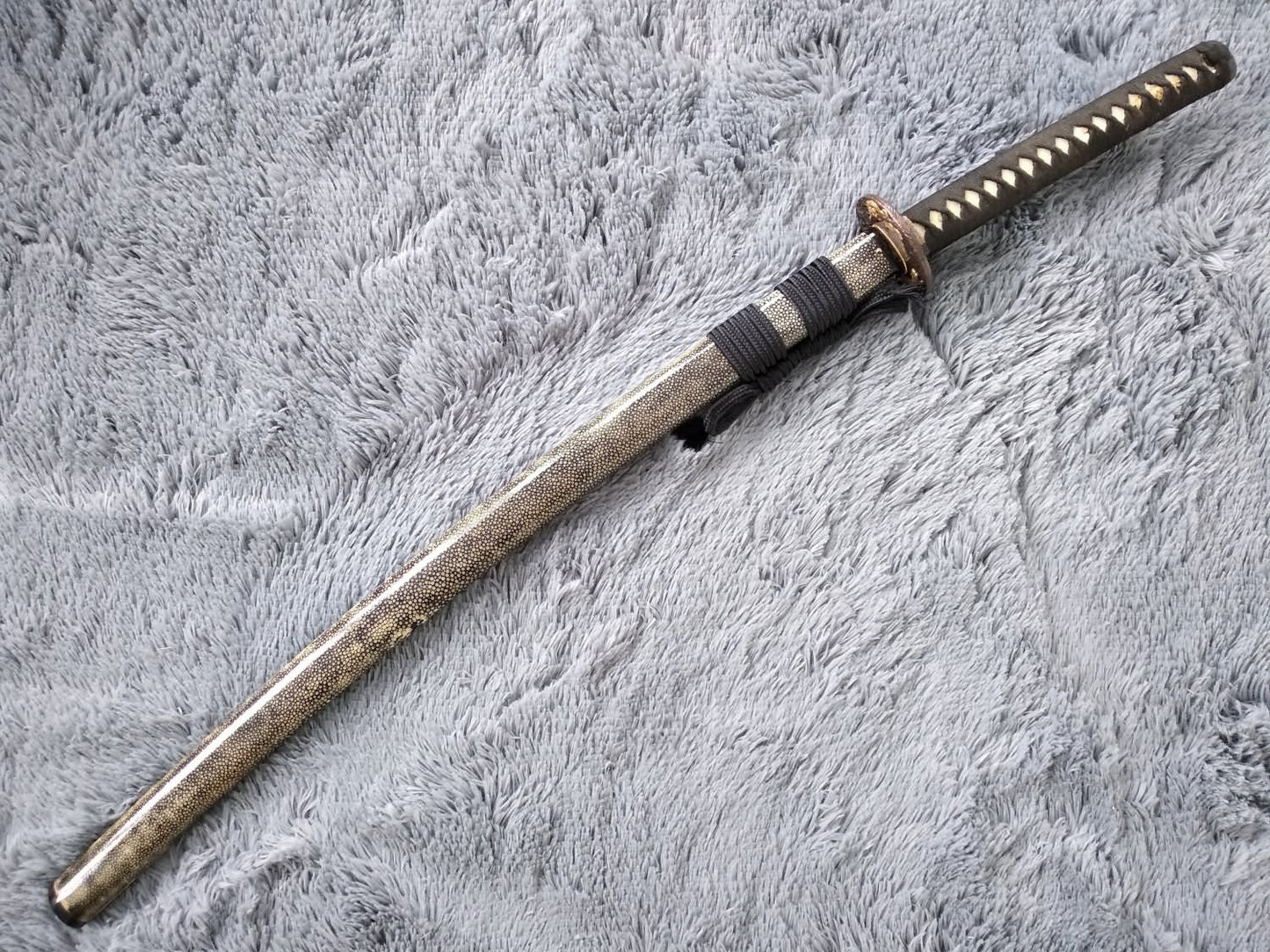 Samurai sword,Katana,Damascus steel burn blade,Skin scabbard,Brass tosogu