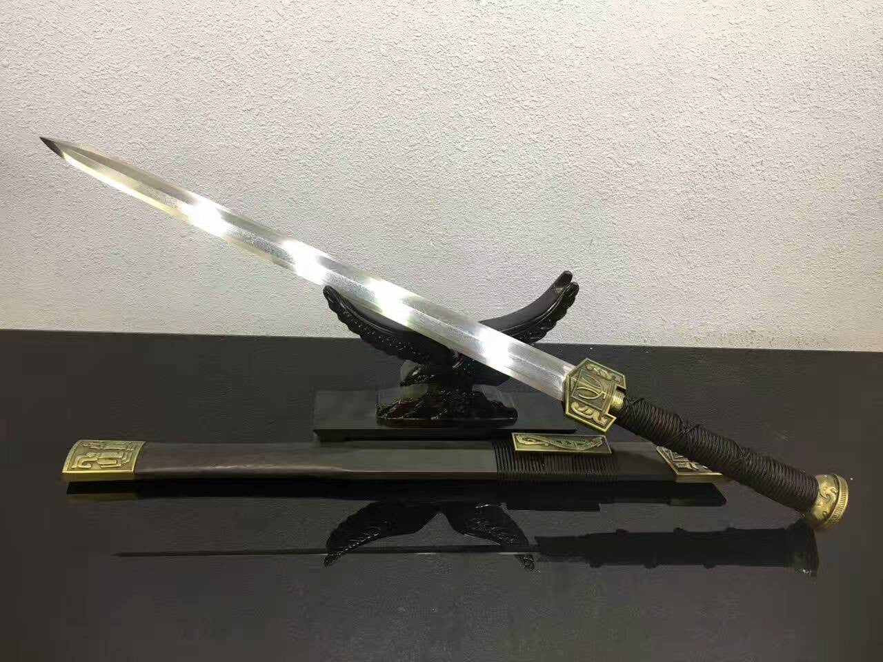 Chinese sword,Han jian(Folded steel octahedral blade,Black wood scabbard,Alloy fitted)Length 32"