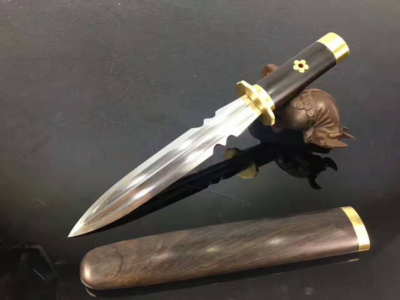 Small chinese sword,Dagger,Pattern steel blade,Ebony scabbard,Brass fitting