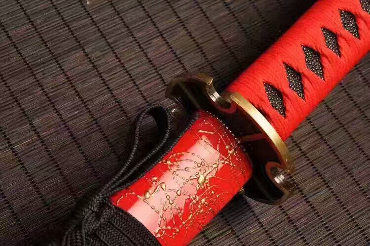 Samurai sword,High carbon steel burn blade,Red scabbard,Alloy tsuba,Full tang