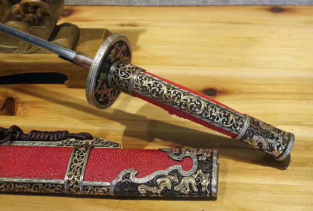 Broadsword,Damascus steel burn blade,Red skin scabbard,Brass fitting