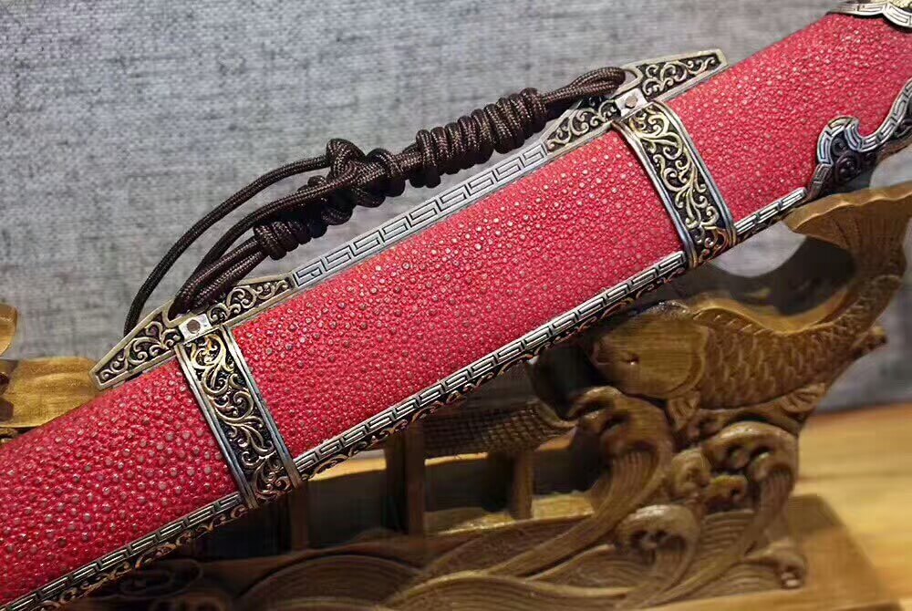 Broadsword,Damascus steel burn blade,Red skin scabbard,Brass fitting