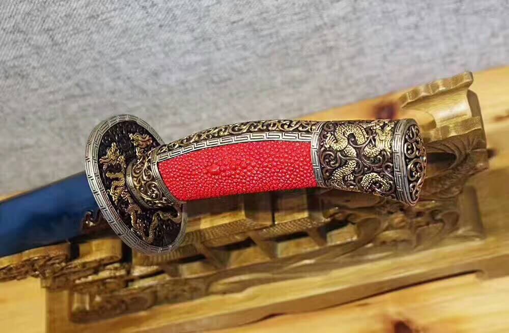 Broadsword,Damascus steel burn blade,Red skin scabbard,Brass fitting