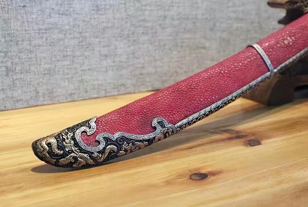 Broadsword,Damascus steel burn blade,Red skin scabbard,Brass fitting