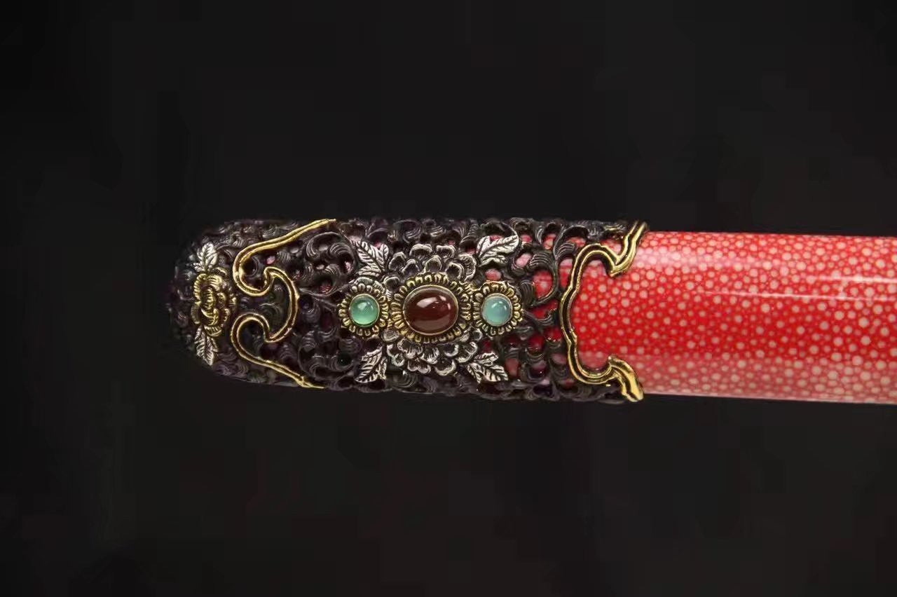 Chinese sword,Damascus steel blade,Skin scabbard,Brass fitting,Full tang&Handmade art