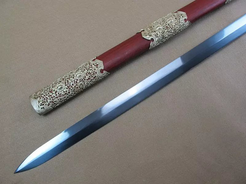 Tang jian/Damascus steel blade,Wood scabbard,Copper fitting