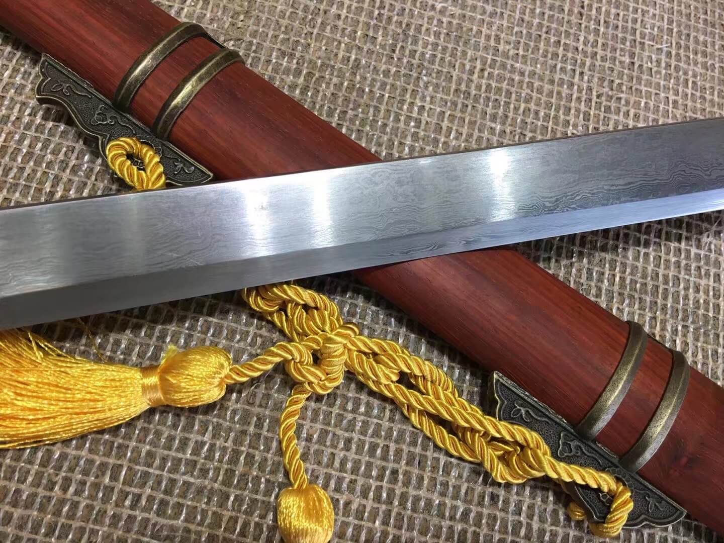 Tang dao,Damascus steel blade,Redwood scabbard,Alloy fitings,Full tang