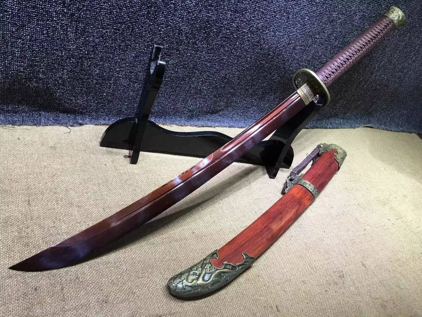 Broadsword,Damascus steel red blade,Red scabbard,Alloy fitting