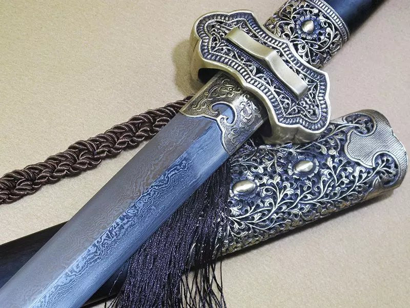 Tang jian/Damascus steel blade,Wood scabbard,Copper fitting