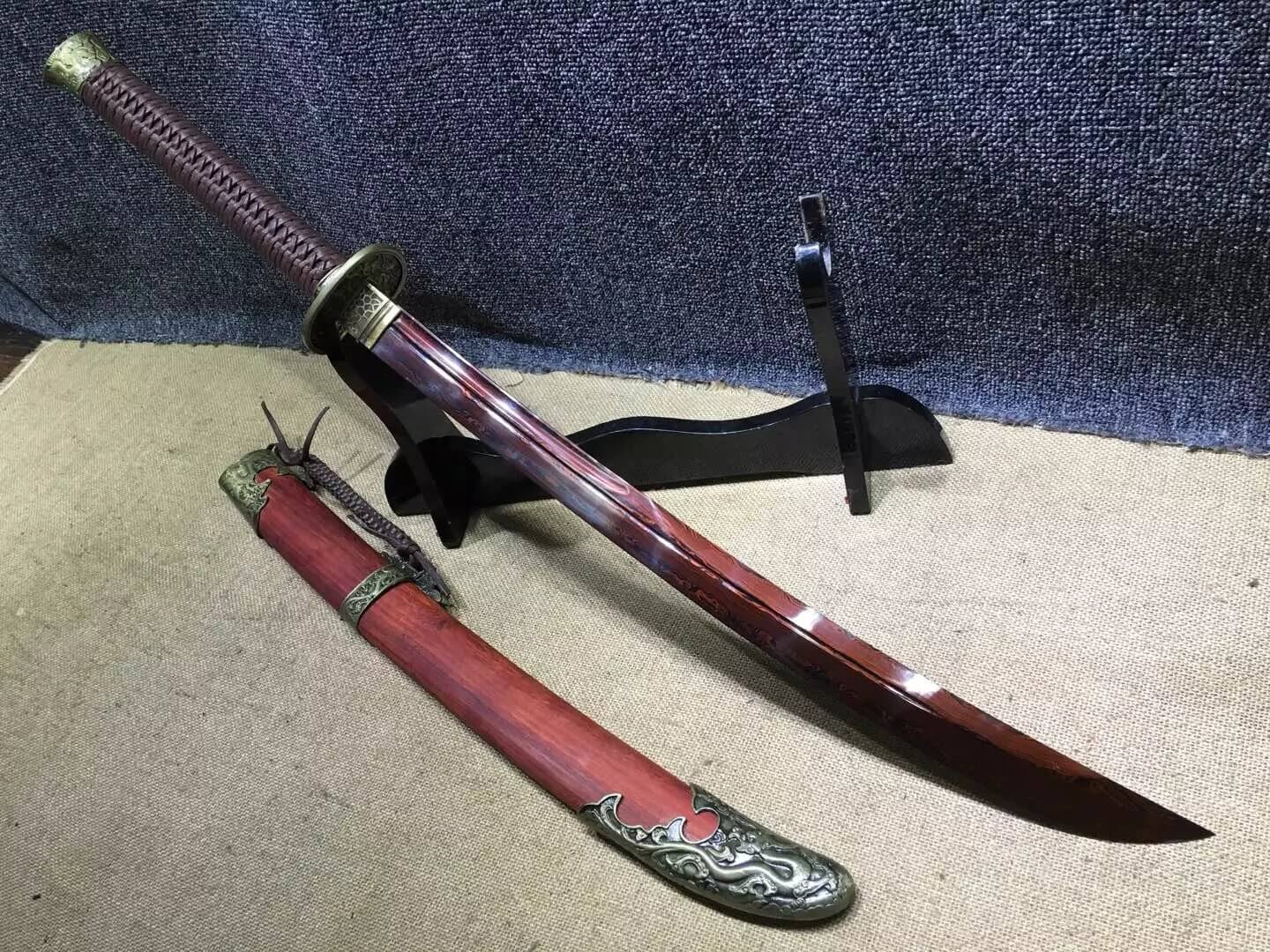 Broadsword,Damascus steel red blade,Red scabbard,Alloy fitting