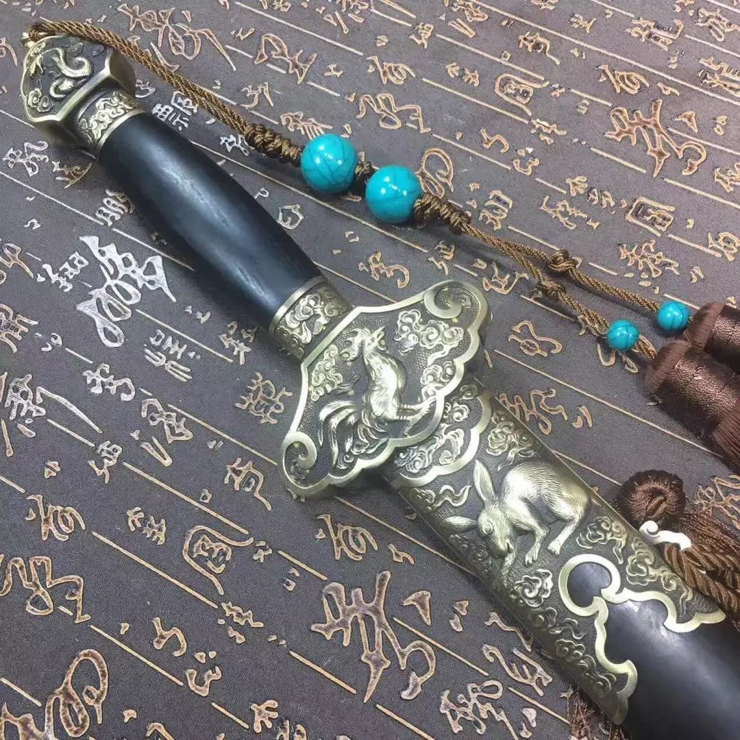 Chinese traditional sword,Damascus steel blue blade,Ebony,Copper