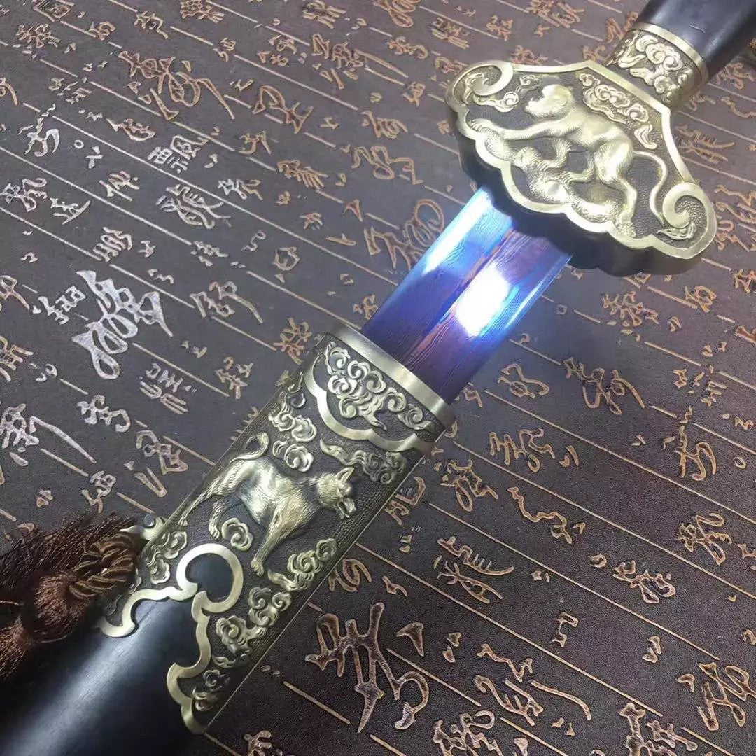 Chinese traditional sword,Damascus steel blue blade,Ebony,Copper