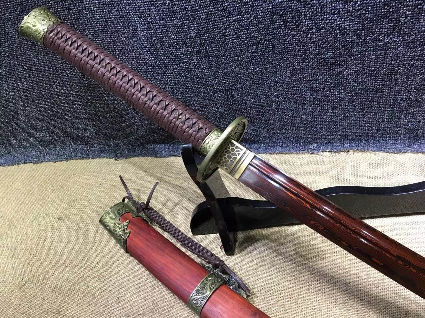 Broadsword,Damascus steel red blade,Red scabbard,Alloy fitting