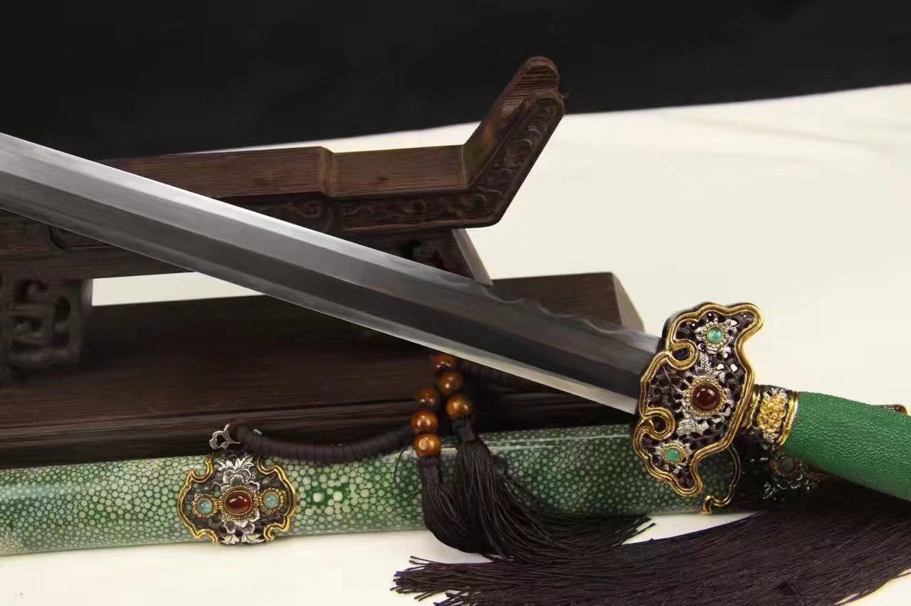 Chinese sword,Damascus steel blade,Skin scabbard,Brass fitting,Full tang&Handmade art