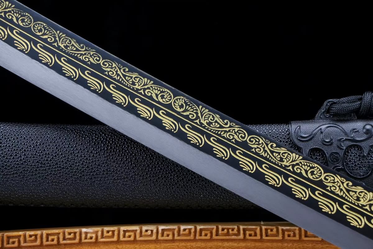 Qing dao sword,High carbon steel etch blade, Leather wooden scabbard