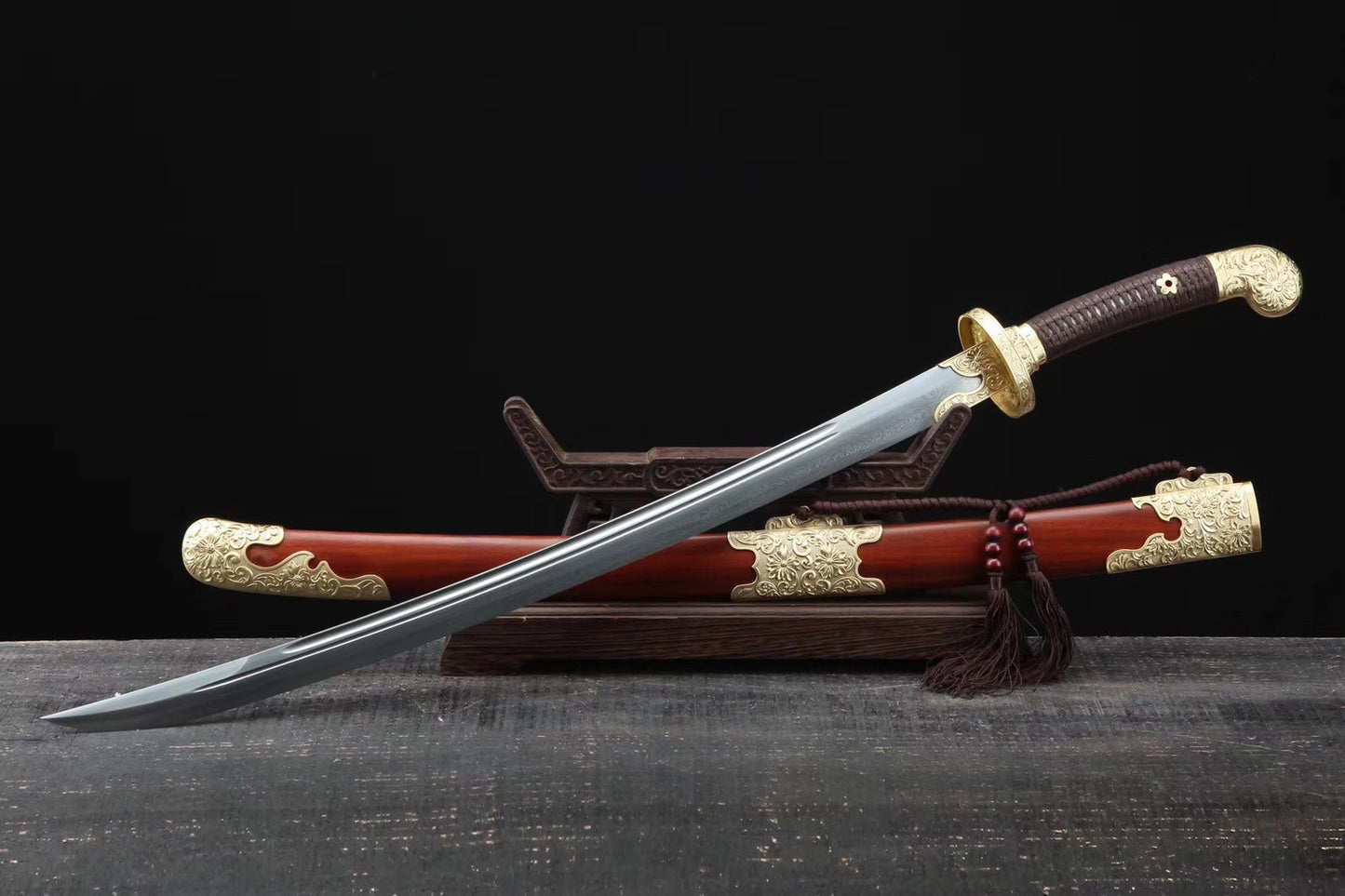 Qing dao sword,Damascus steel blade,MAHOGANY scabbard,Brass