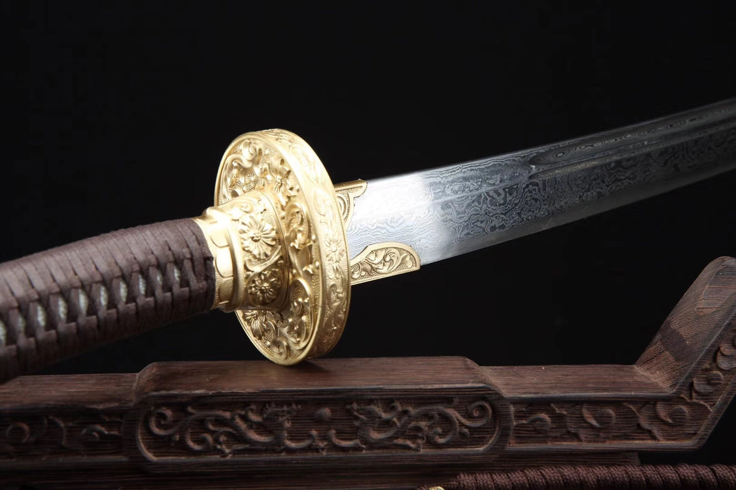 Qing dao sword,Damascus steel blade,MAHOGANY scabbard,Brass