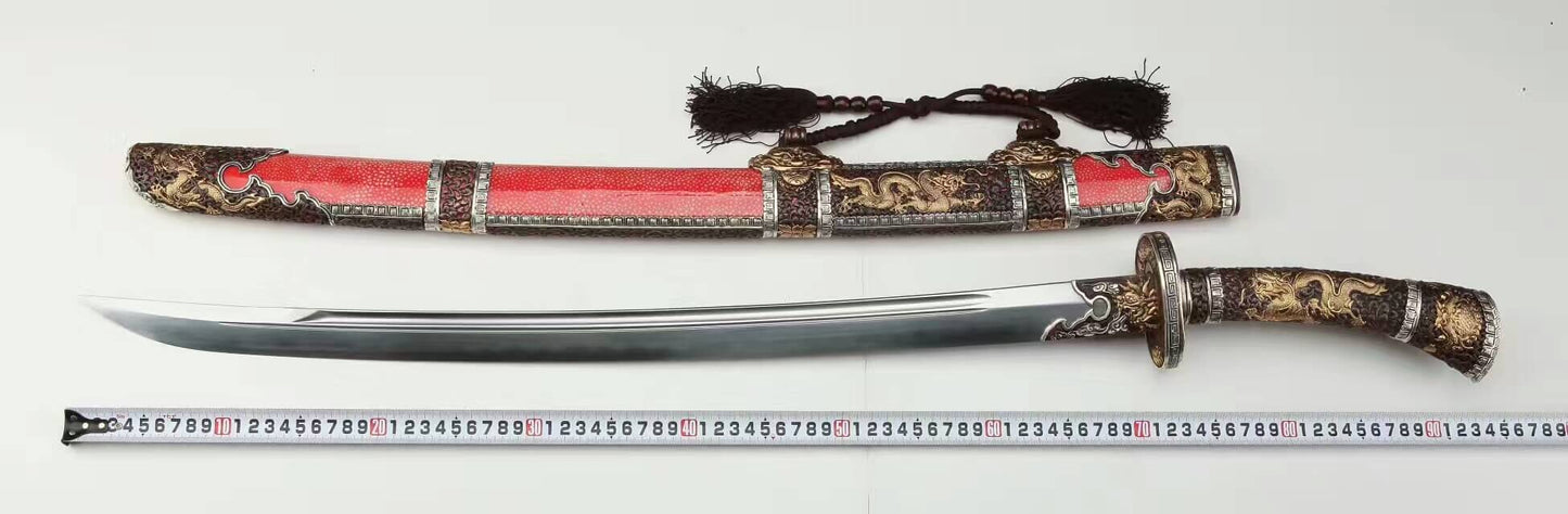 Loong broadsword,Damascus steel blade,Red skin scabbard,Brass fittings