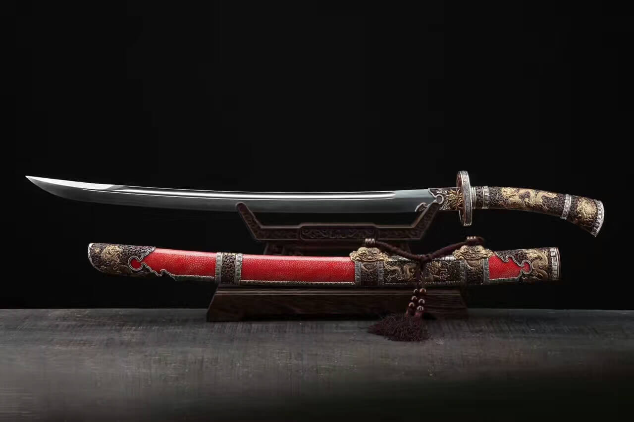 Loong broadsword,Damascus steel blade,Red skin scabbard,Brass fittings