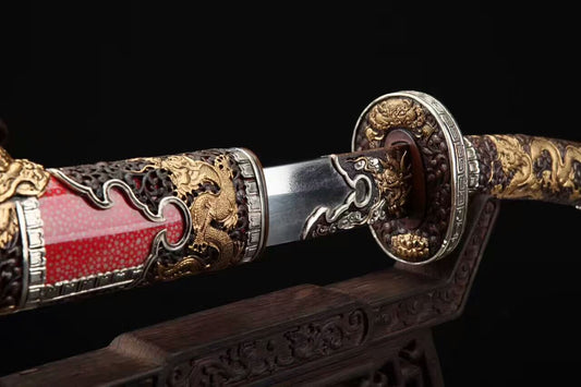 Loong broadsword,Damascus steel blade,Red skin scabbard,Brass fittings