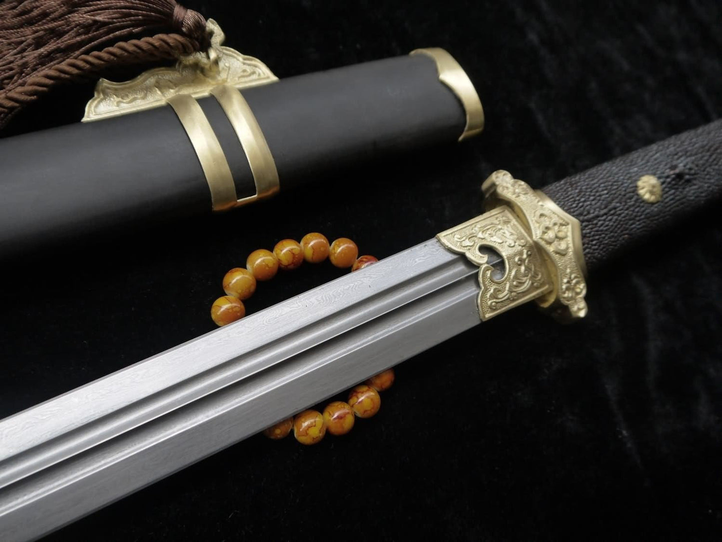 Tang sword,Folded steel,Black scabbard,skin hilt,Copper fitting,Length 39 inch