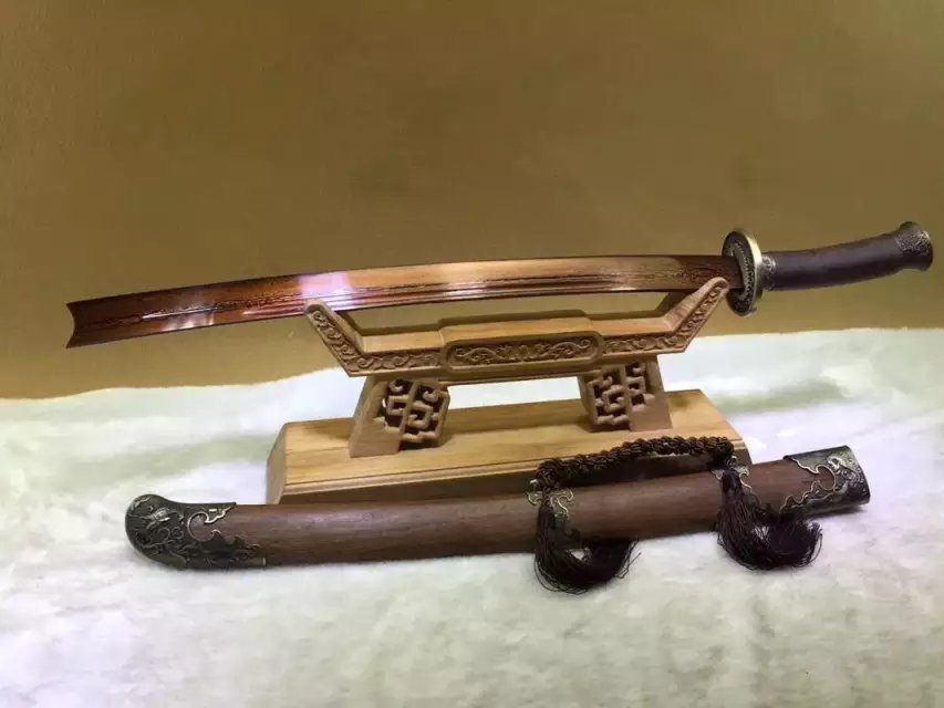 Qing dao sword,Damascus steel red blade,Rosewood scabbard,Alloy fittings