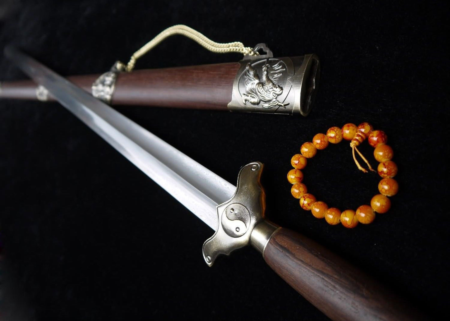 Training sword,Taiji jian,Pattern steel,Rosewood scabbard,Alloy fittings