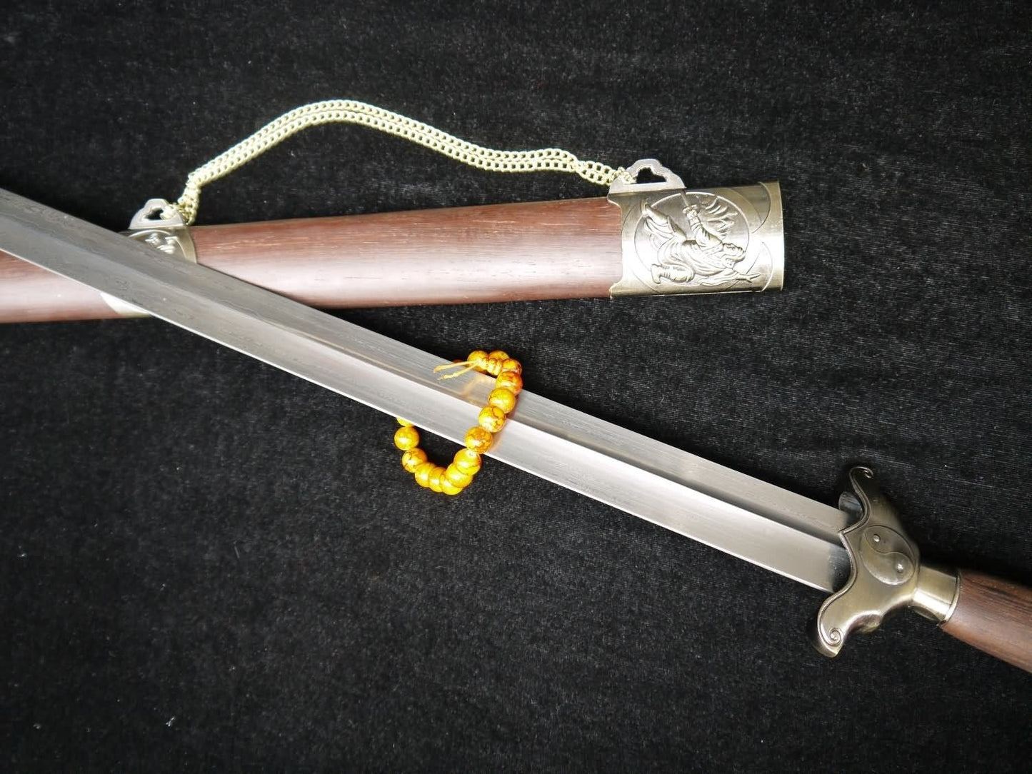 Training sword,Taiji jian,Pattern steel,Rosewood scabbard,Alloy fittings