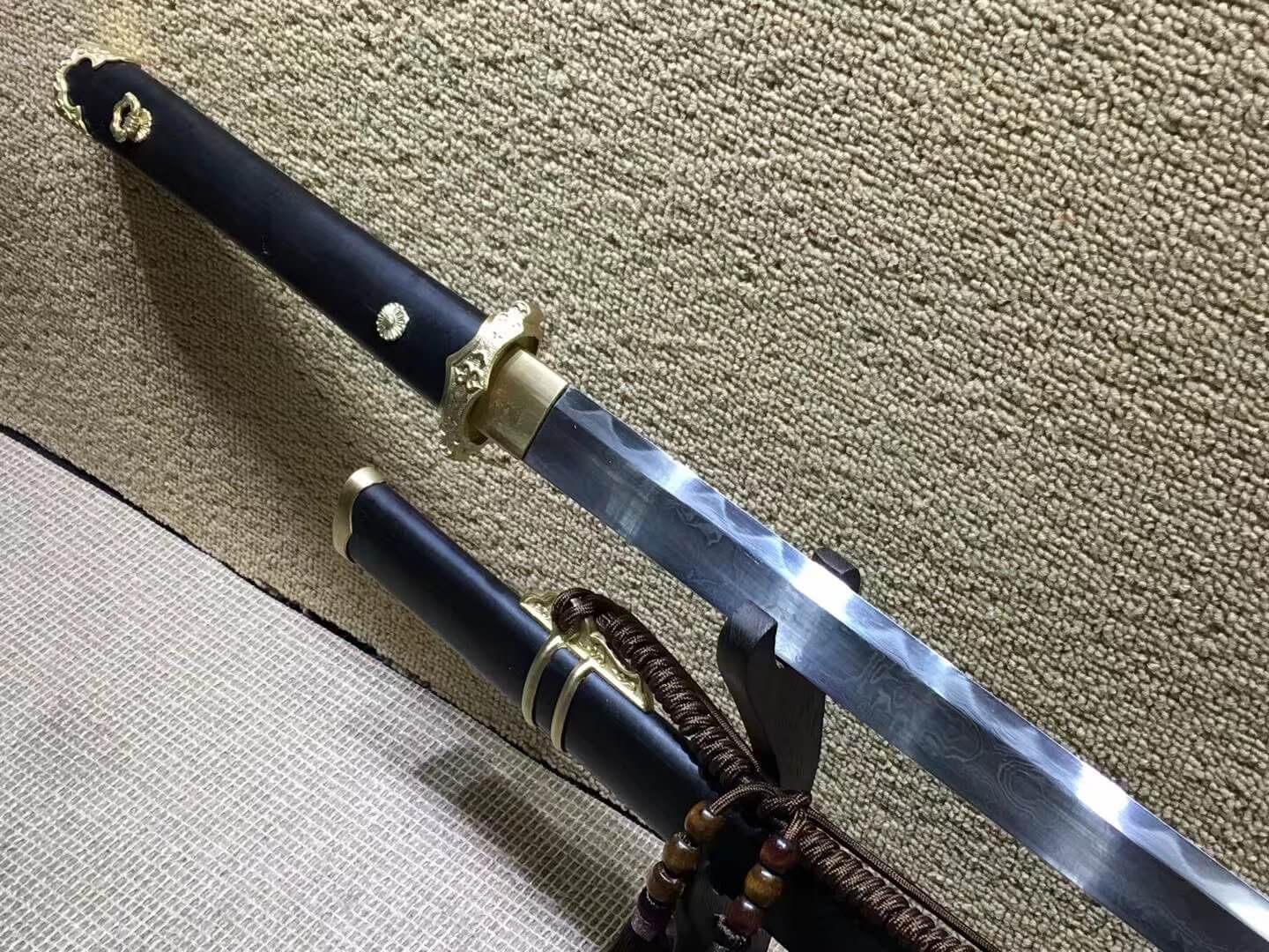 Tang dao,Damascus steel burn blade,Brass fittings,Black scabbard