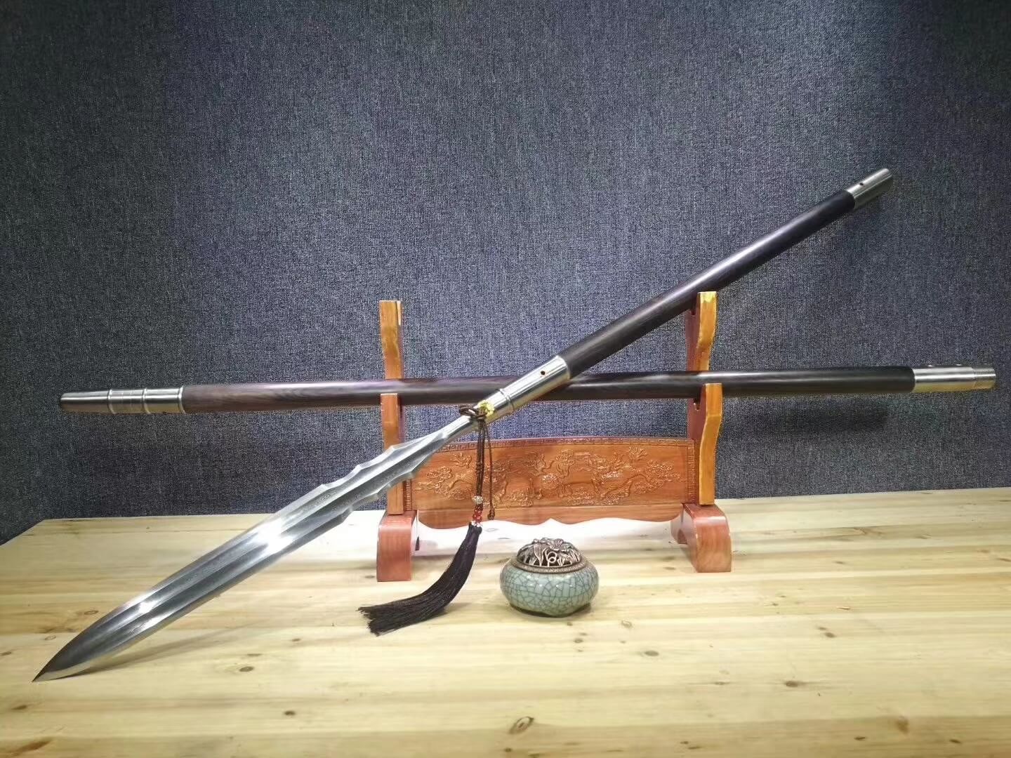 Spear,China lance,Damascus steel Spearhead,Ebony rod