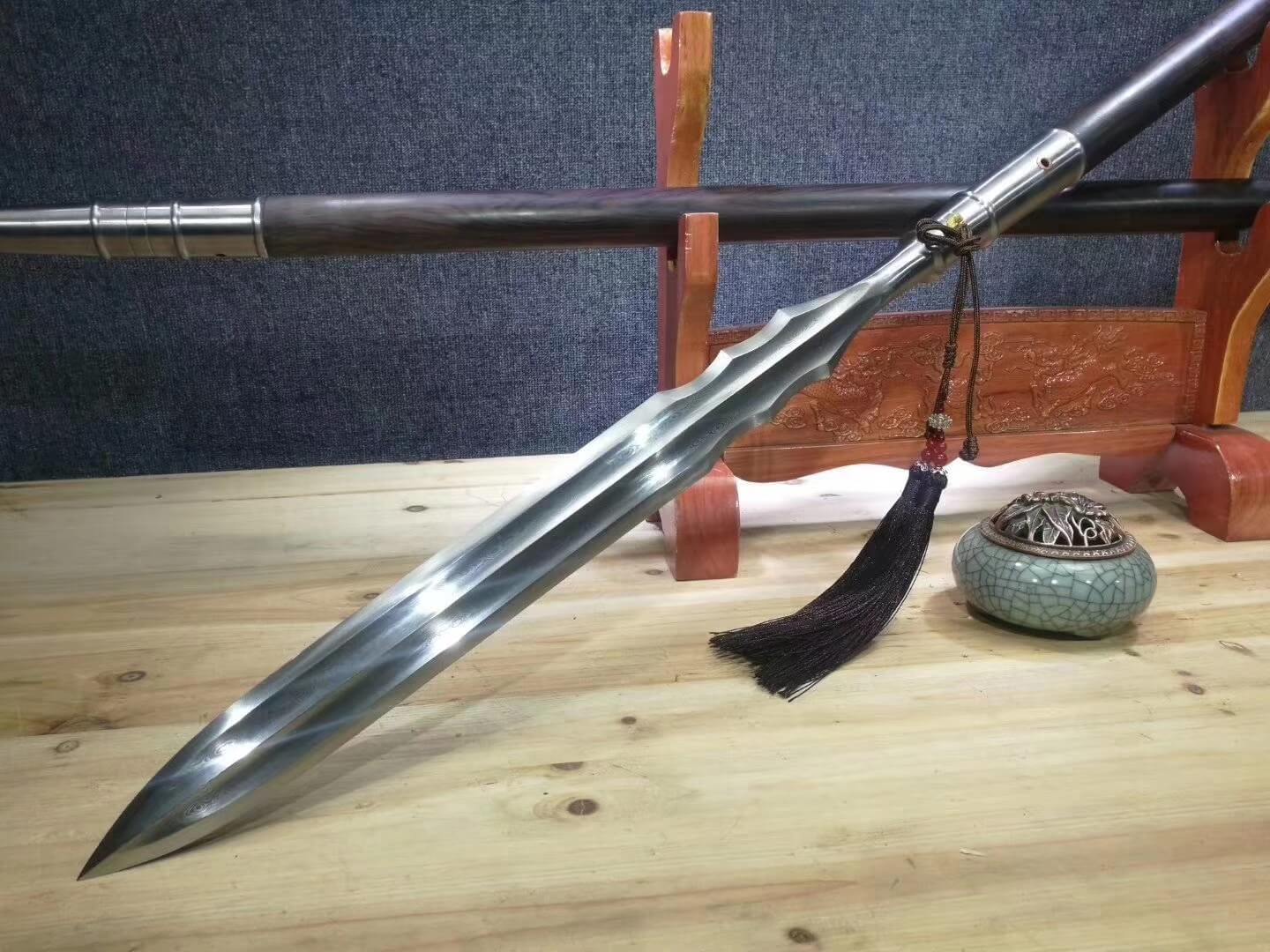 Spear,China lance,Damascus steel Spearhead,Ebony rod